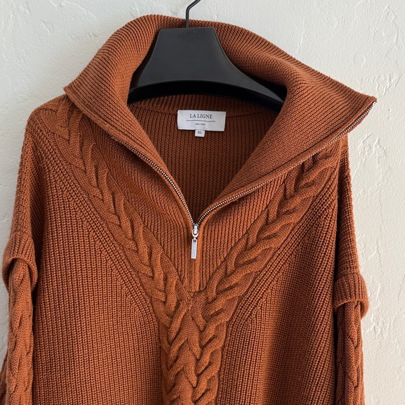 La Ligne Rust Colored Cable Knit Merino Half Zip Turtleneck Sweater - Picture 1 of 14